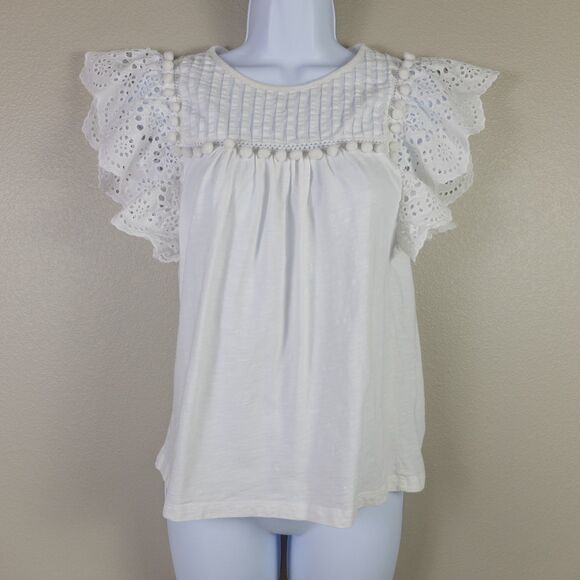 J Crew White Eyelet Flutter-Sleeve Pom-Pom Trim Top Size XXS - Picture 2 of 7